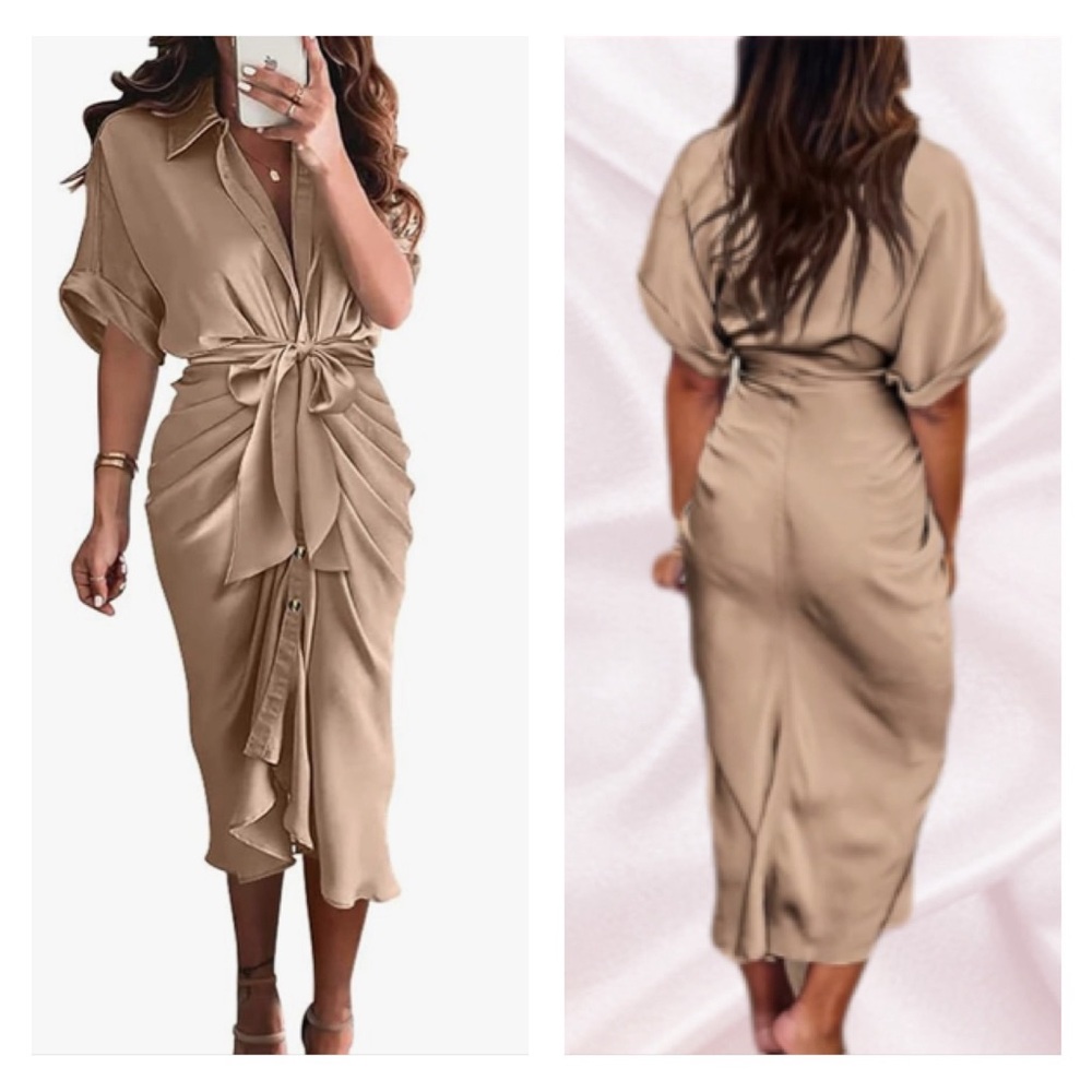 Light Khaki Short Sleeve Belted Ruched Midi Shirt Dress